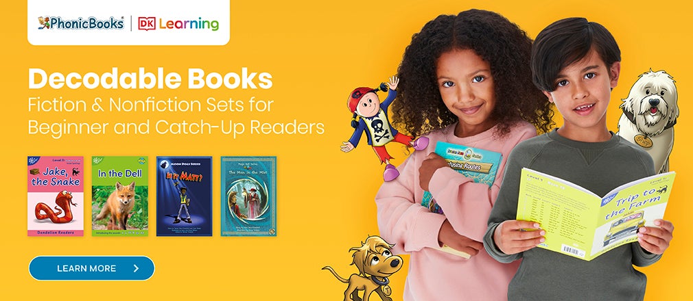 Yellow banner with white text that says "Decodable Books. Fiction and Nonfiction sets for beginner and catch-up readers. There are two children posing together beside the text holding books. There are also 4 small images of different colored books below the text.