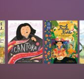 against a purple background, four books: Go Forth and Tell, Cantora, Frida Kahlo, Taking Off