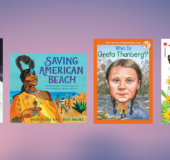 Against a pink and blue blended background, four book covers: She Persisted: Kalpana Chawla, Saving American Beach, Who Is Greta Thunberg, I Love Insects